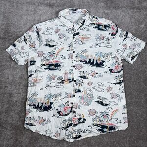 Vatpave Shirt Men's Large White Button Up AOP Hula‎ Hawaiian Short Sleeve